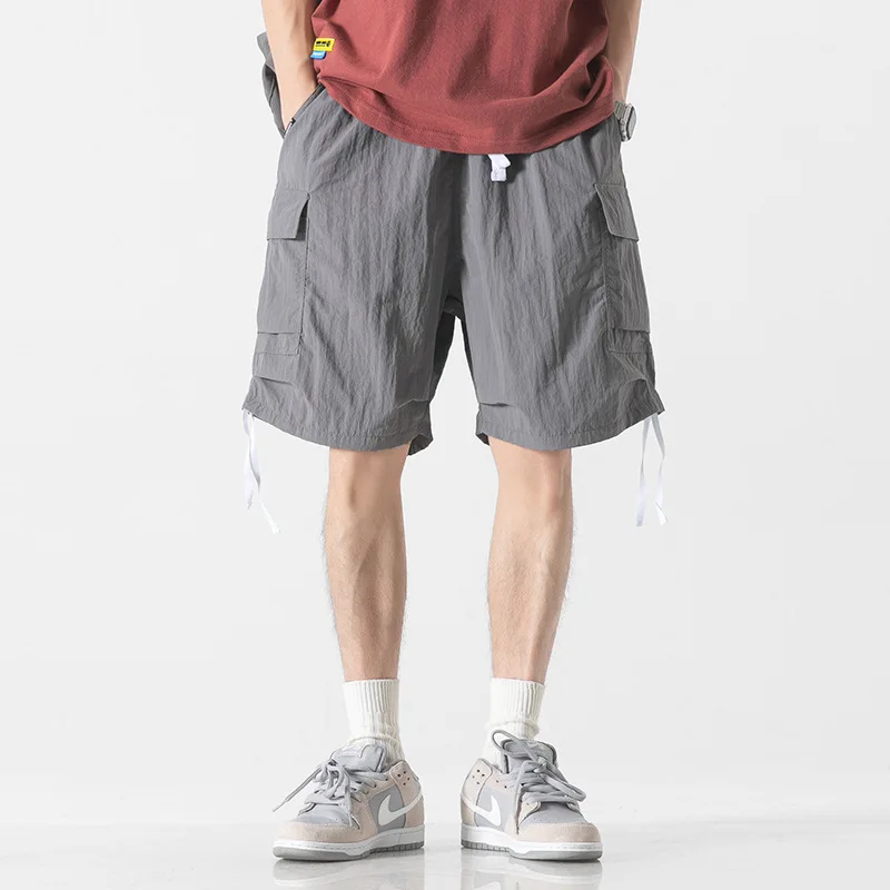 Men's Cargo Shorts Drawstring Elastic Waist Streetwear Casual Training Quarter Pants Gym Summer Shorts