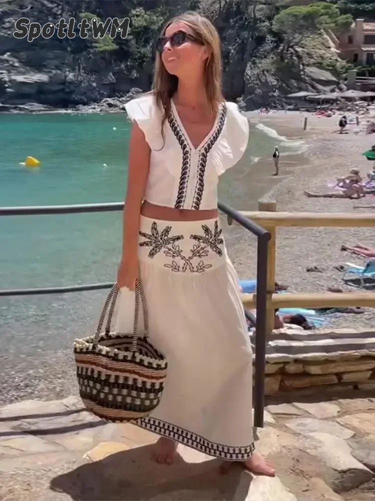 

Женский комплект из топа и юбки, элегантный костюм с контрастным принтом с летящим рукавом и V-образным вырезом, укороченный топ без рукавов и свободная юбка, летний наряд