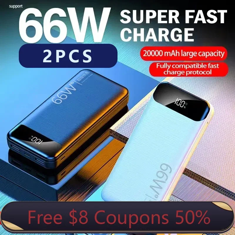 

2PCS 2023 Power Bank 100000mAh High Capacity 66W Fast Charger Powerbank External Battery for IPhone 14 13 12 Pro+Free Shipping