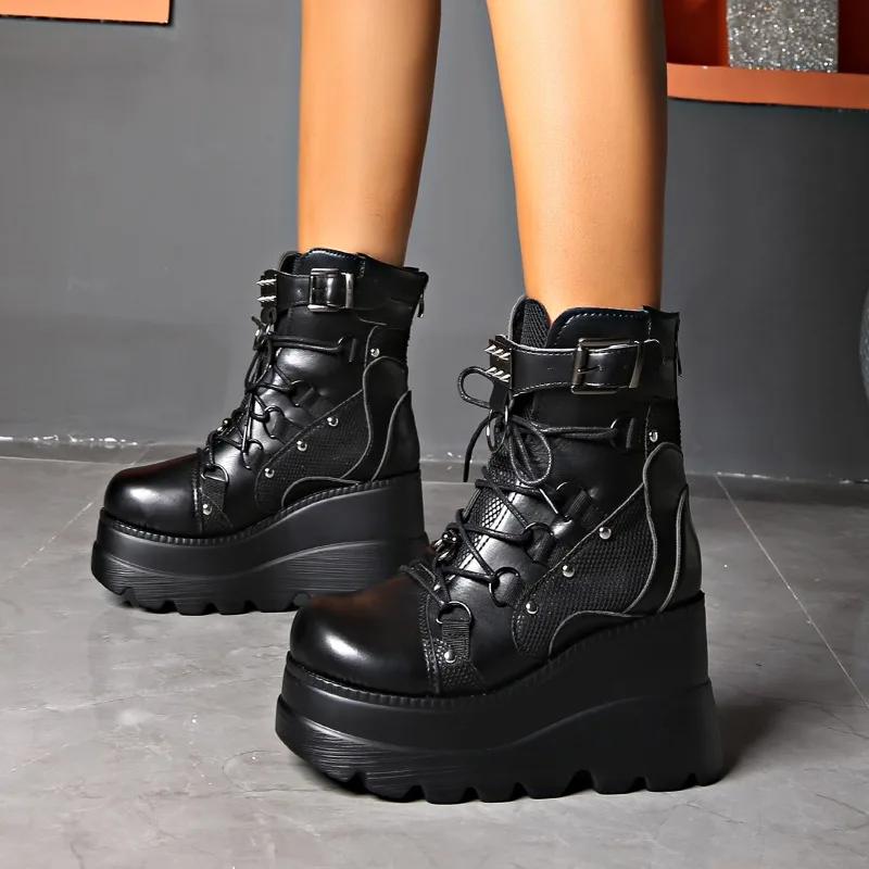 2023 New Winter Women's Platform Boots Wedged Knee Length Black Lace Up Fashion Gothic Boots Punk Shoes Girls' Fashion Boots
