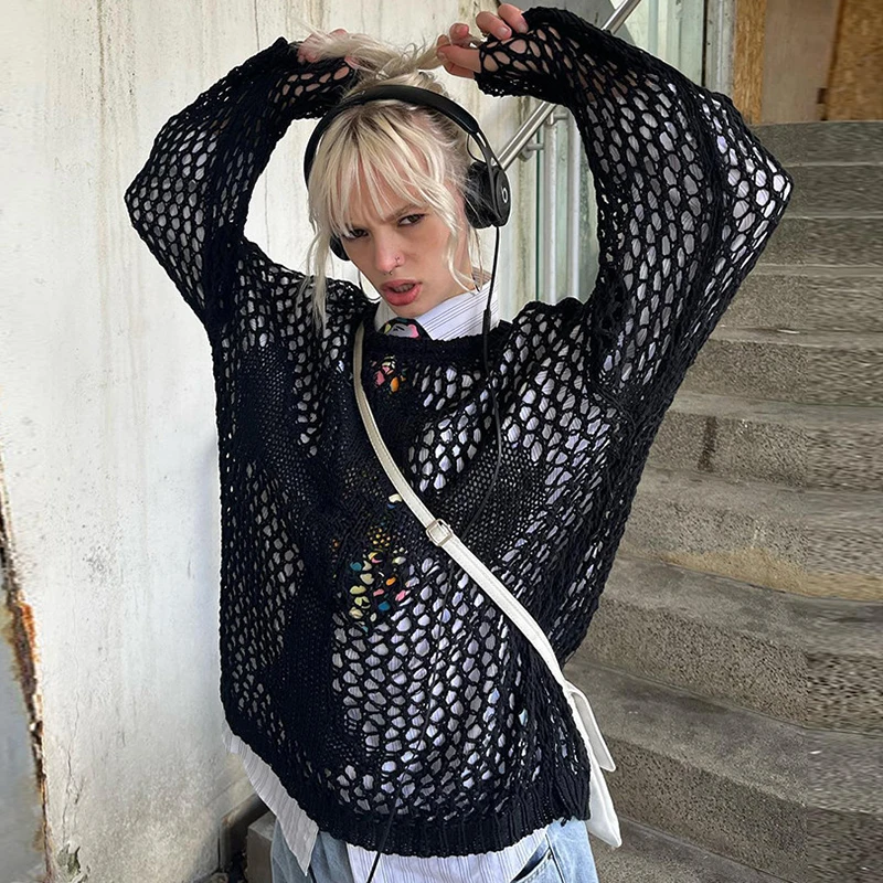

y2k Fairy Grunge Women's Sweater Round Neck Long Sleeve Solid Color Irregular Hollow-out Crochet Knitted Pullover Tops