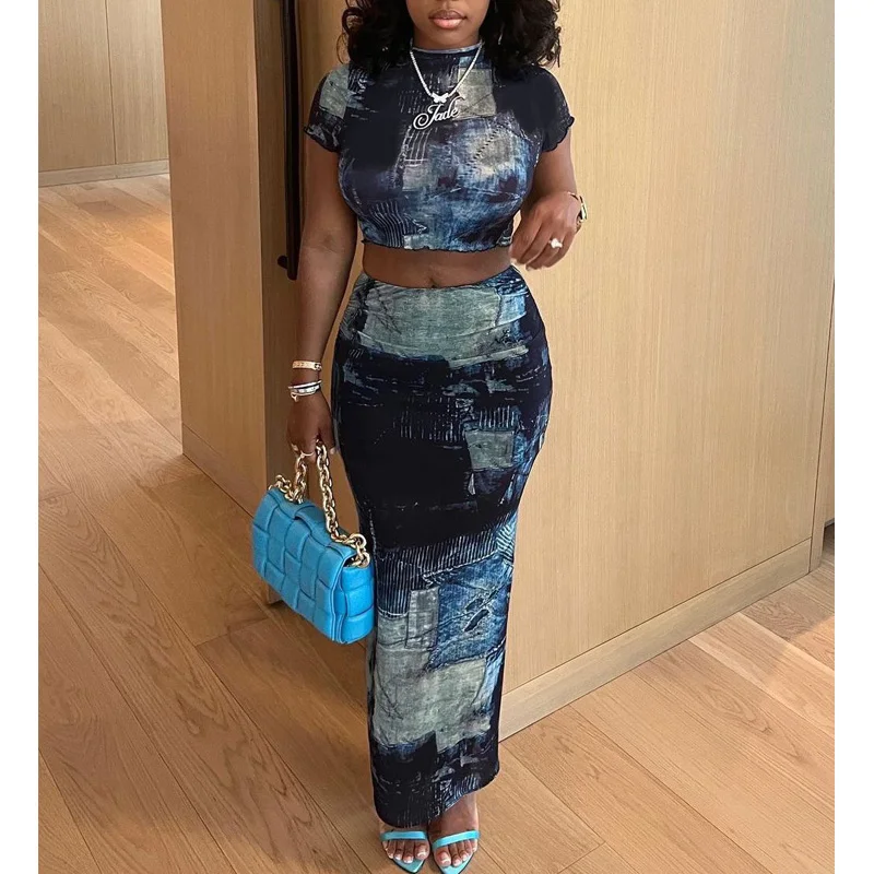 

Summer Printed Two Piece Set Women Vintage Short Sleeve Crop Top And Bodycon Long Skirts Suit Fashion OL Dress Set