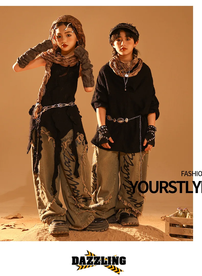 Girls Wasteland Street Dance Knitted Tank Top Jeans Boys Hip Hop Hoodies Clothes Sets Kids Jazz Costume Children Punk Streetwear S93e4dfbf38624c3b9394a5e867072d72G
