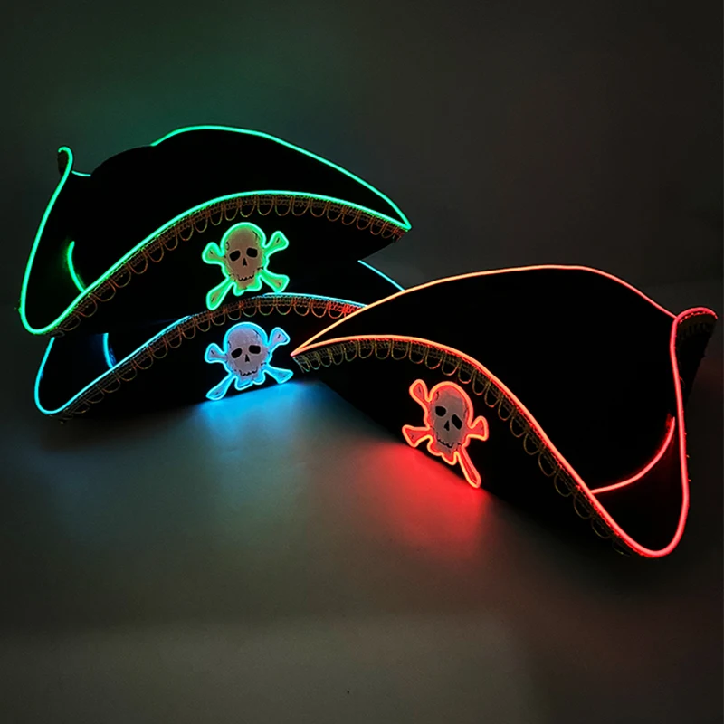 Halloween Red Streamer luminous pirate hat LED light up pirate captain cap glowing Cosplay Hat for Adult Costume Props