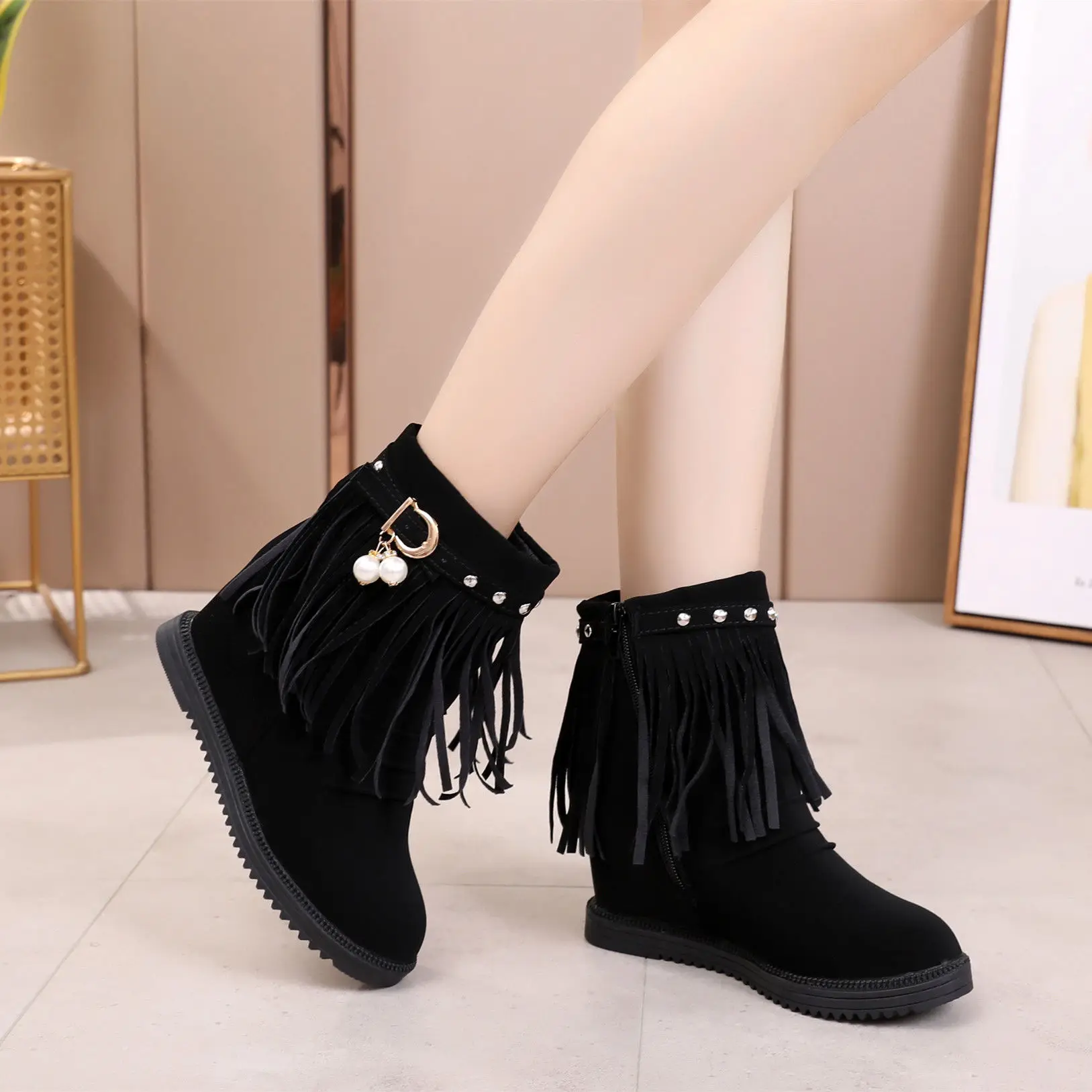 

Footwear Black Suede Women's Ankle Boots Biker Work Short Shoes for Woman Round Toe Very High Heels Heeled Brown Wedges Booties