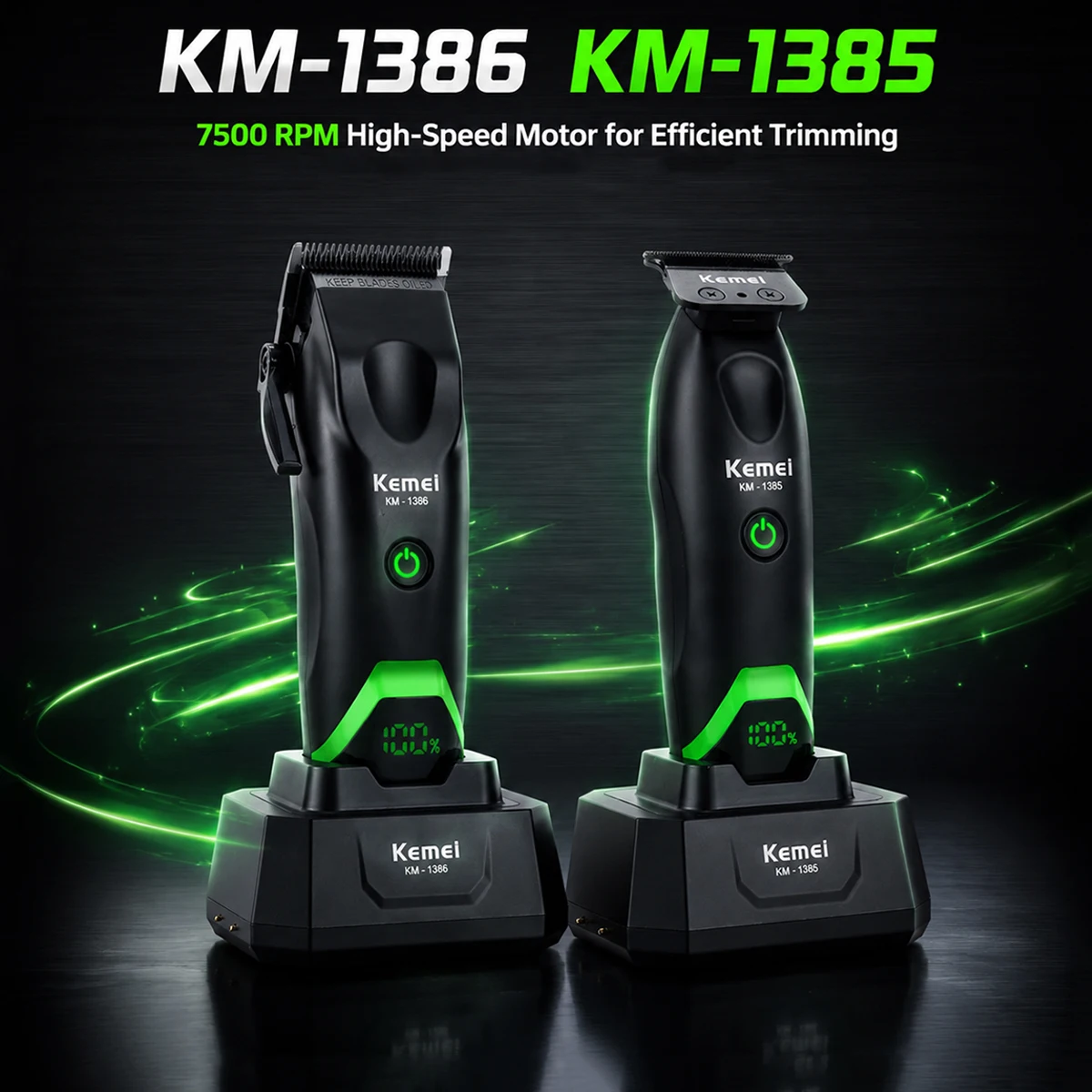 Kemei 남성용 전문 헤어 클리퍼 키트 세라믹 블레이드 7500RPM DC 모터(베이스 충전기 포함) 헤어 커팅 머신 KM-1..