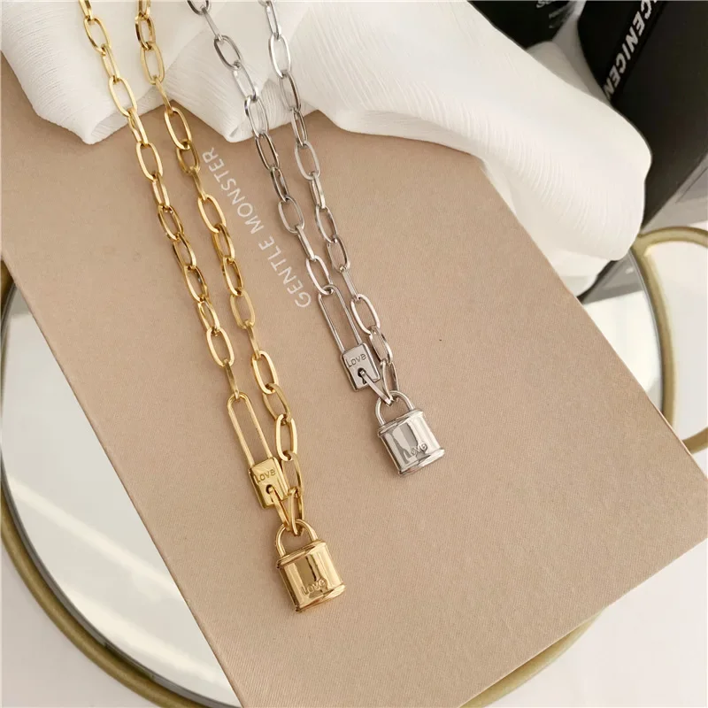 Stainless Steel Letter Love Lock Pendant Thick Chain Necklace for Women Men Gold Silver Color Charm Jewelry Wholesale 6
