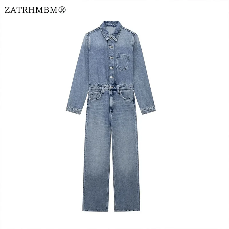 

ZATRHMBM Women 2023 Autumn Fashion Single-Breasted Jumpsuit Vintage Long Sleeve Side Pockets Streetwear Female Jumpsuits Mujer