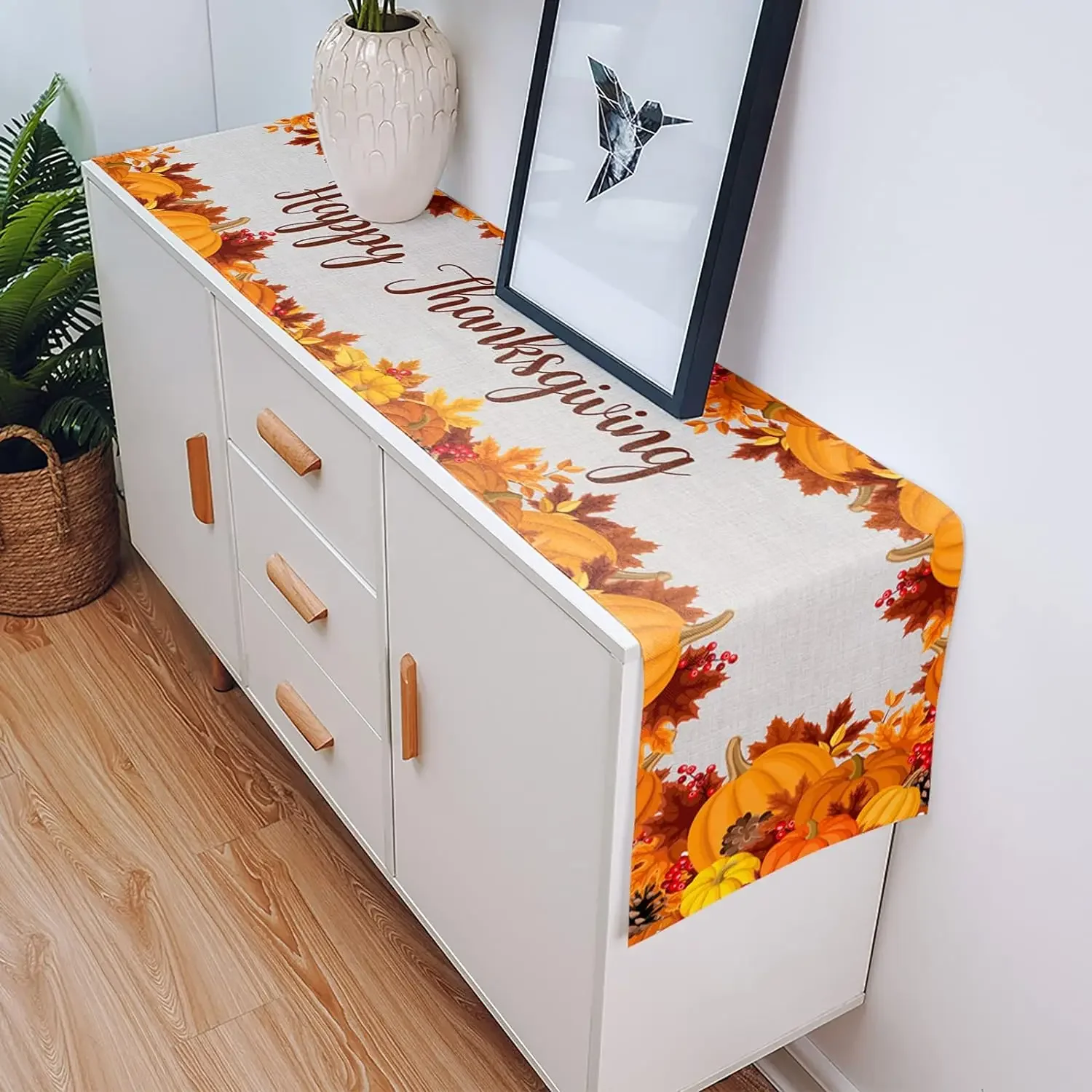 Description Picture 5 of itemAutumn Pumpkin Maple Leaf Linen Table Runner Washable Fall Thanksgiving Table Runners Holiday Kitchen Party Dining Table Decor