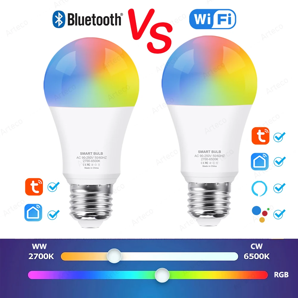 E27 LED Smart Bulb Tuya RGB WiFi Lamp Bluetooth APP Control Dimmable Spotlight LED Light Bulbs 15W Home Bedroom Christmas Party