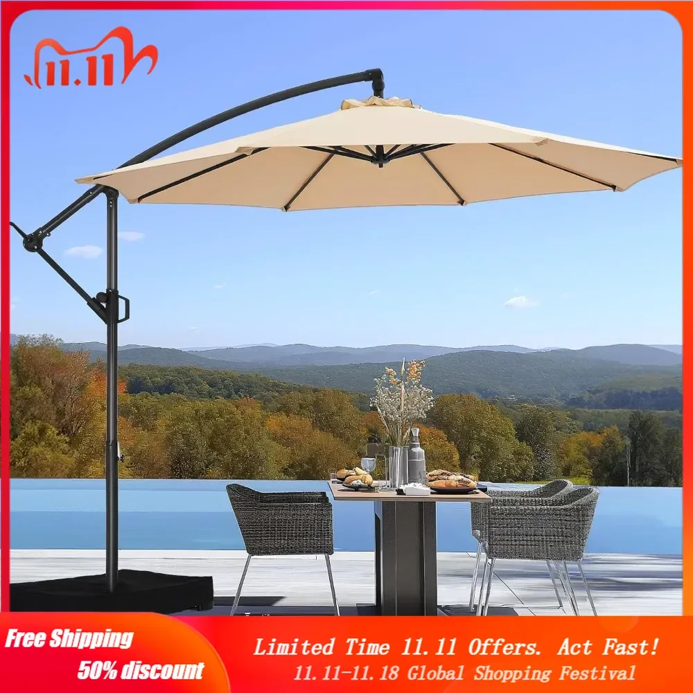 10ft Offset Patio Umbrella w/Base, Cantilever Offset Hanging Patio Outdoor Market Umbrella UPF50+ UV Protection with Easy Tilt