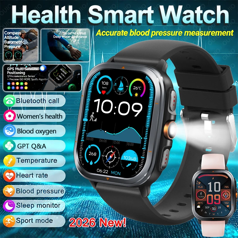 Nuovo Smartwatch 2026 con GPS, Bussola, Torcia, Funzione Q&A GPT, Monitoraggio Frequenza Cardiaca e Salute, Modalità Sportive, Chiamate BT, Impermeabile 1ATM