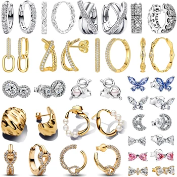 Authentic 925 Sterling Silver Heart Hoop Round Earrings Butterfly Moon Pearl Diamond Ear Stud Earrings for Women Fine Jewelry