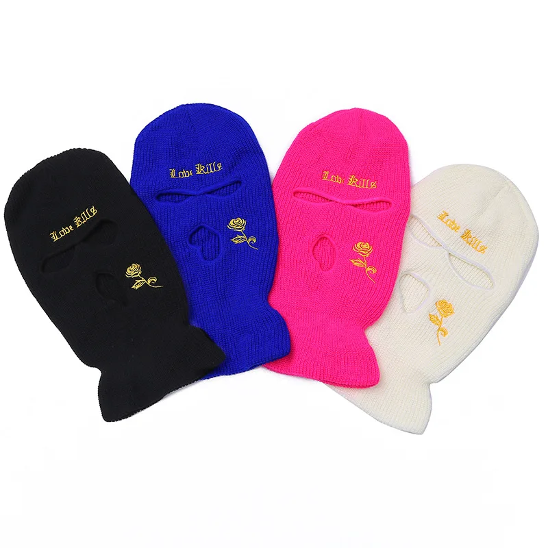 

Autumn And Winter Three-hole Beanies Embroidered Knitted Hat Windproof And Warm Hip-hop Mask Outdoor Cycling Skullies Wholesale