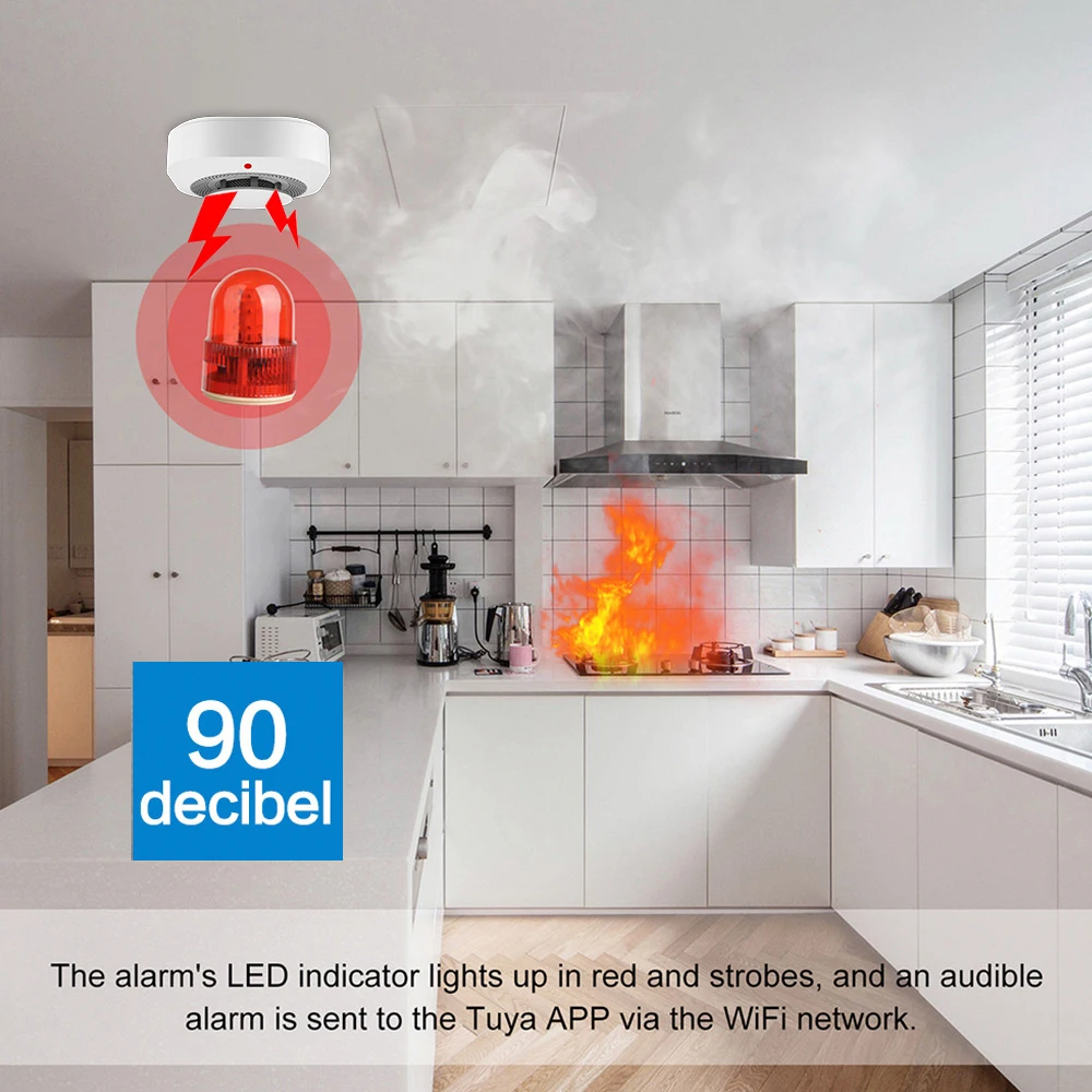 WiFi Fire Protection Smoke Sensor Alarm Detector Smart Life app Tuya Smart app Control Work Alexa Google assistant