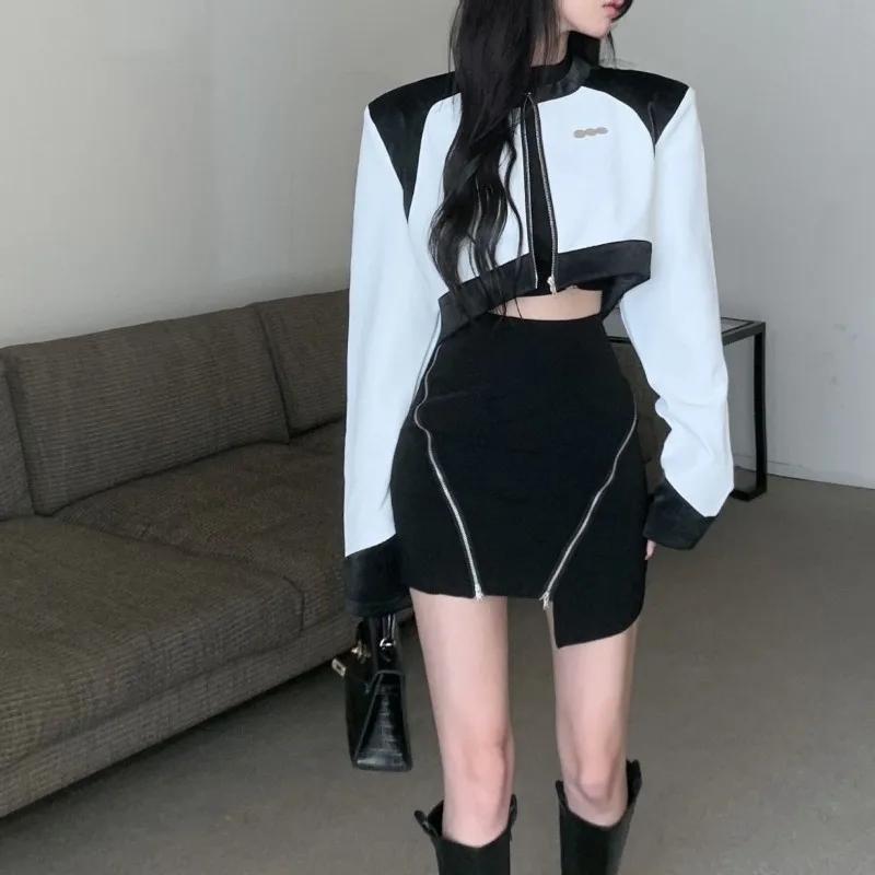 

Cool Hollow Out Top Skirt Contrast Leather Jacket Three Piece Set Women Korean Asymmetrical Slim Bottom Casual Sports Fall Suit