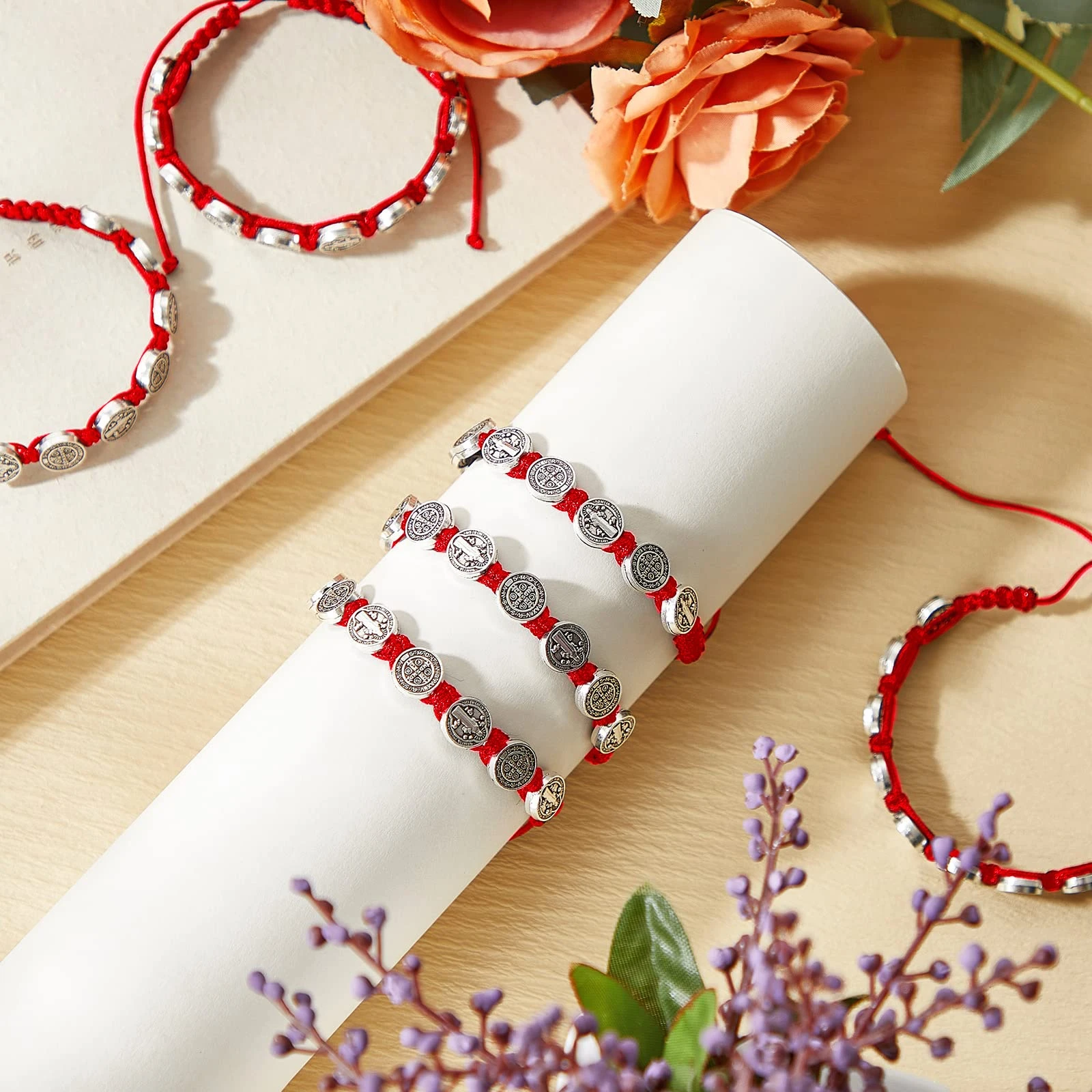 12PCS/Pack San Benito Bracelets Protection Red Black Cord Benedict Medal Rosary Blessing Friendship Bracelet for Women Men