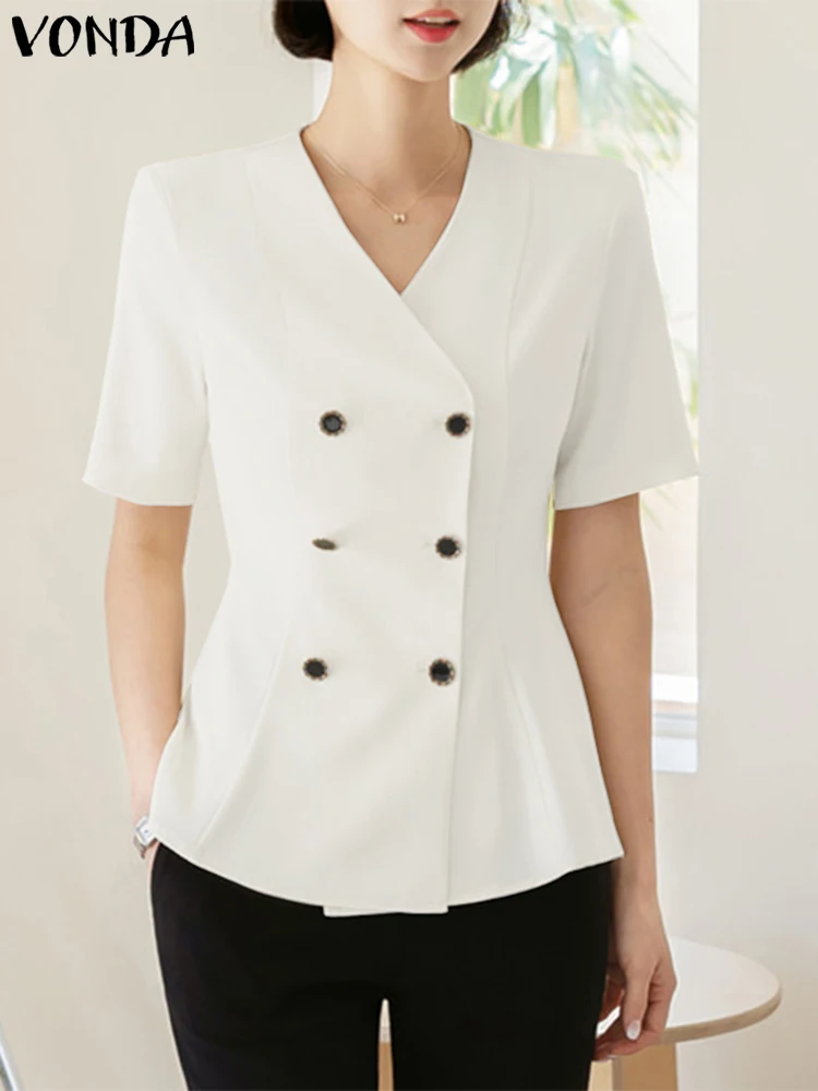 

Летние модные топы VONDA, женские офисные рубашки, сексуальная однотонная блузка с V-образным вырезом и коротким рукавом 2023, женские рубашки, блузы, мешковатые