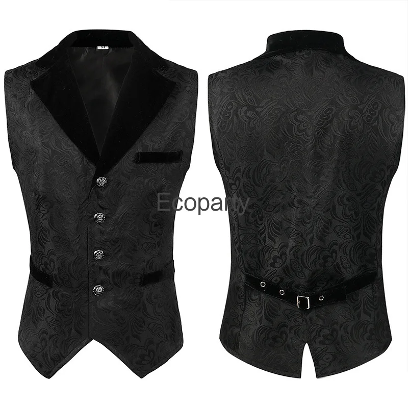 New Men's Medieval Vintage Jacquard Vest Steampunk Gothic Waistcoat Blac Single Breasted Renaissance Costume Male