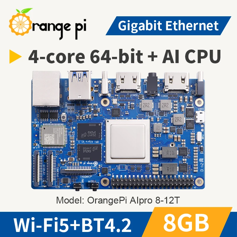 Orange Pi AIpro 8GB + Cooling Fan 8-12 Tops Ascend AI Computing Power Processor WiFi + BT Mini PC Single Development Board Computer