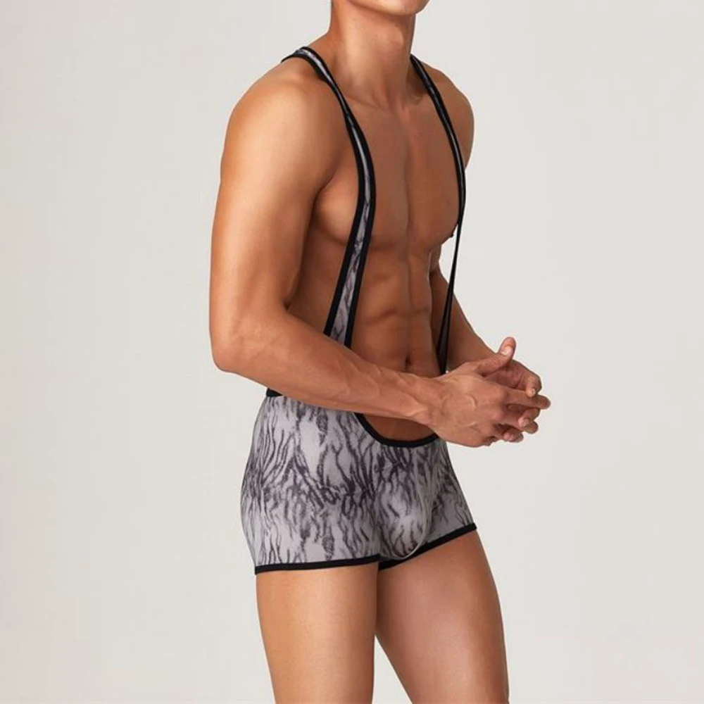 Men Unershirts Mesh Open Butt Wrestling Singlet Leotard Male One-Piece Pajama Sexy Jockstrap Underwear Faux Leather Jumpsuit