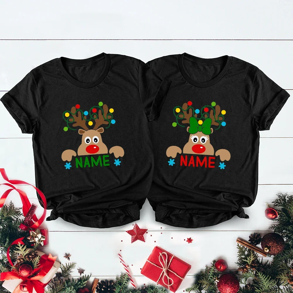 Custom Name Reindeer Matching Christmas Family Shirt Graphic Tees for Family Personalized Holiday Xmas Dad Mom and Me Shirts 5