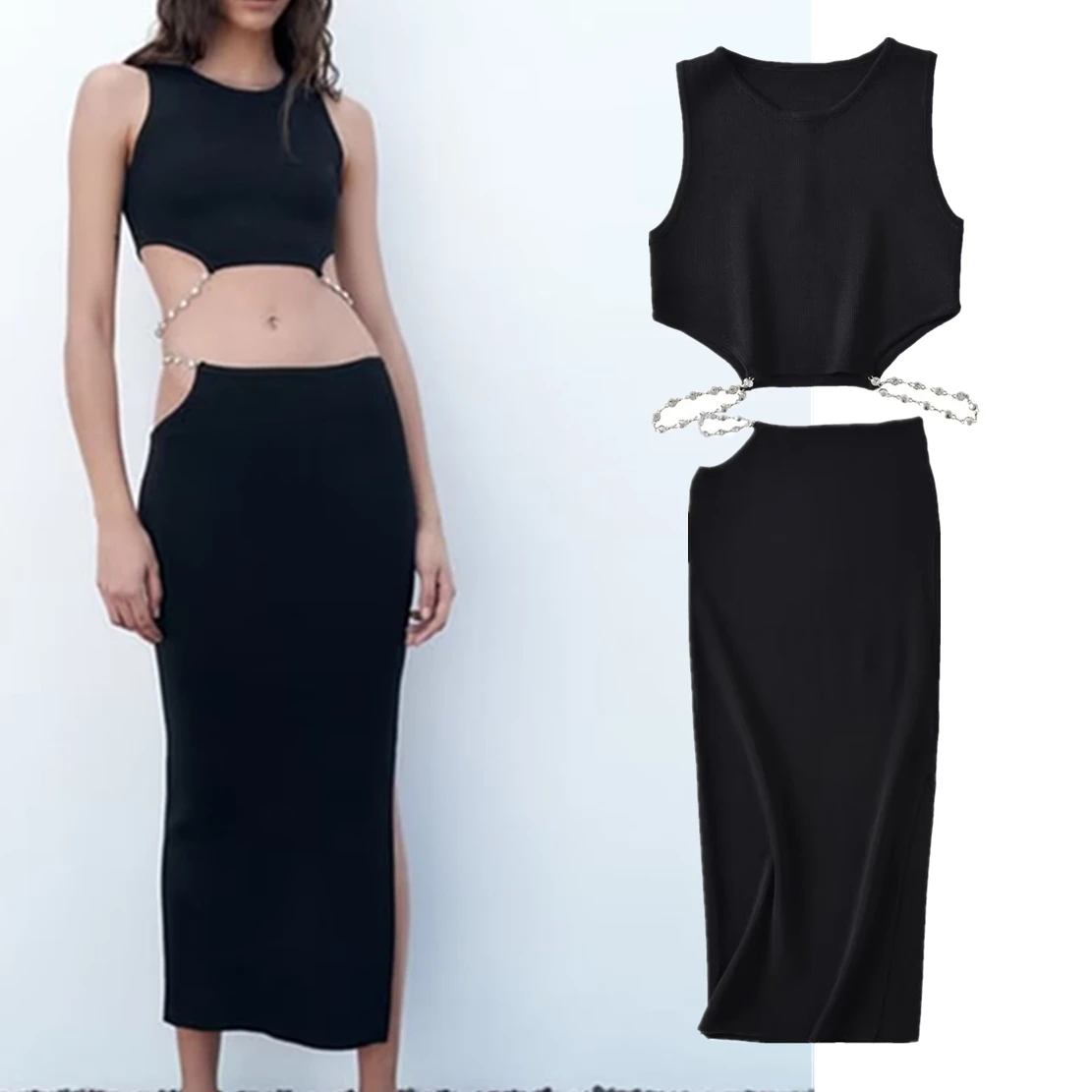 

Withered Ins Blogger High Street Hollow Out Camisole Crop Top Fashion Knitted Package Hips Slim Midi Skirt Two Pieces Sets Women