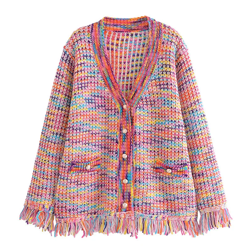 New Autumn Rainbow Color knitted Sweater Women Fashion V-Neck Tassel Decoration Cardigan Lady Retro Single-Breasted Casual Tops 6