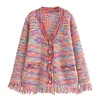 New Autumn Rainbow Color knitted Sweater Women Fashion V-Neck Tassel Decoration Cardigan Lady Retro Single-Breasted Casual Tops 6