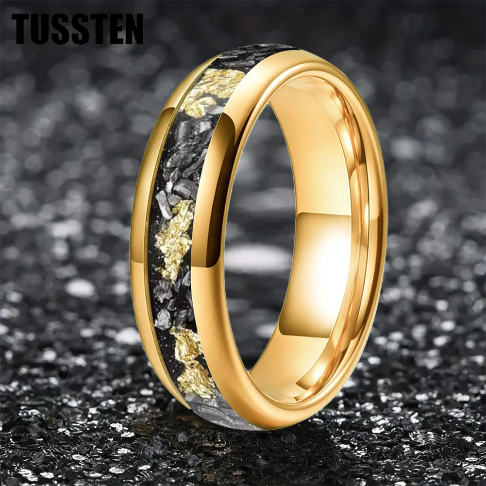 TUSSTEN 6/8MM Dome Edges Mens Womens Fashion Engagement Wedding Band Meteorite Gold Foil Inlay Tungsten Carbide Rings