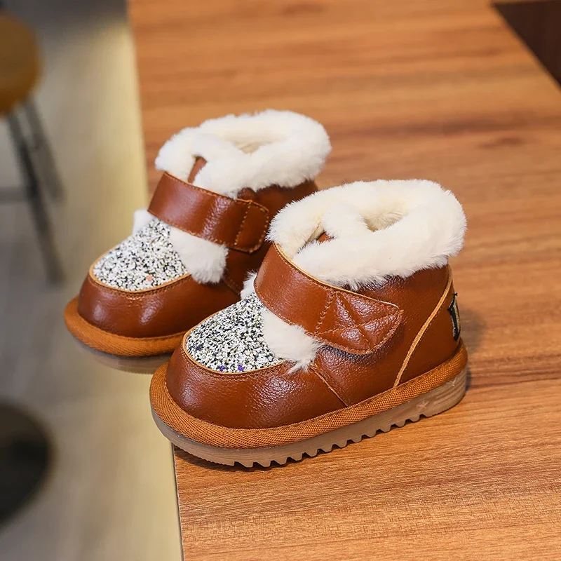 Baby Shoes Baby Boots Winter Snow Boots Winter Baby Girls Genuine Leather Boots Non-slip Plush Kids Snow Boots Infant Toddler Shoes Outdoor Sequins Children Shoes