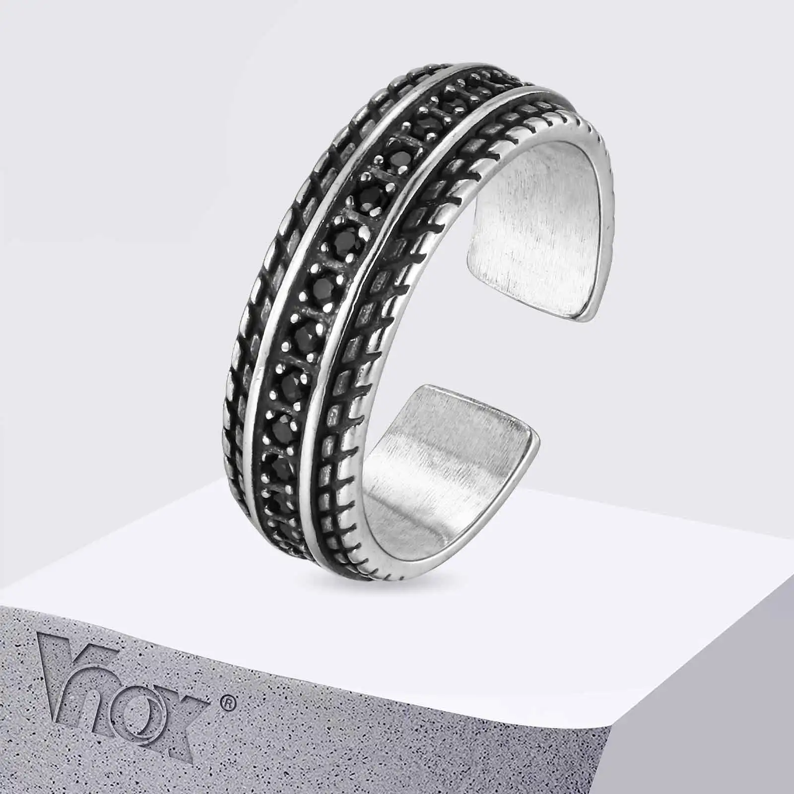 Radförmiger schwarzer Zirkon-Reifenring für Herren, Vintage Hip-Hop Metall-Biegering, verstellbarer Ring, Manschettenring, Geschenk