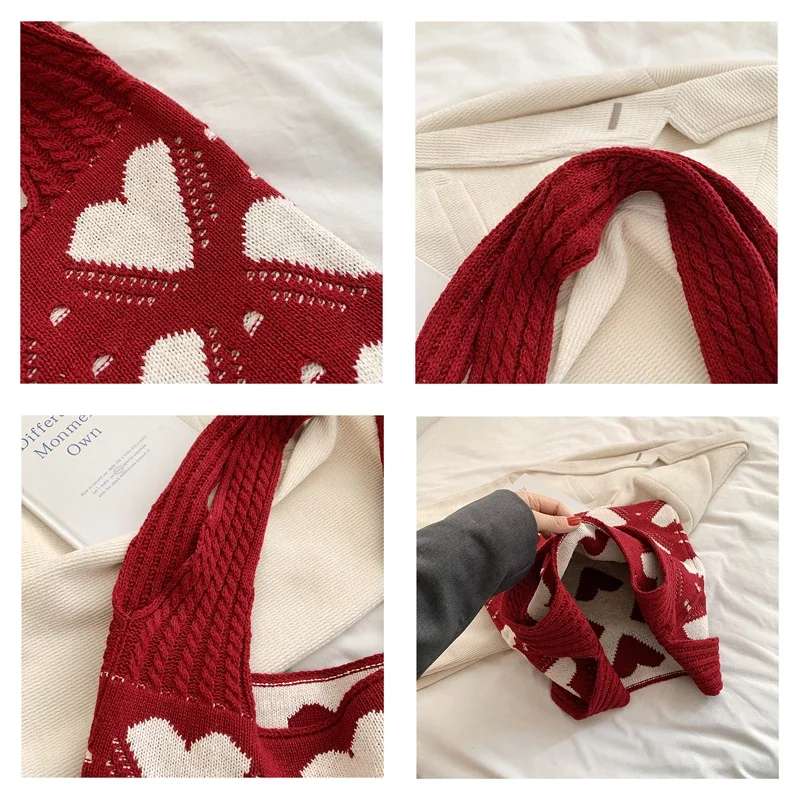 Heart Knit Women's Bag Y2K Crochet Rope Shoulder Bag Knitted Eco Bag Korean Shopping Female Knitting Handbag Hook Tote Side Bag