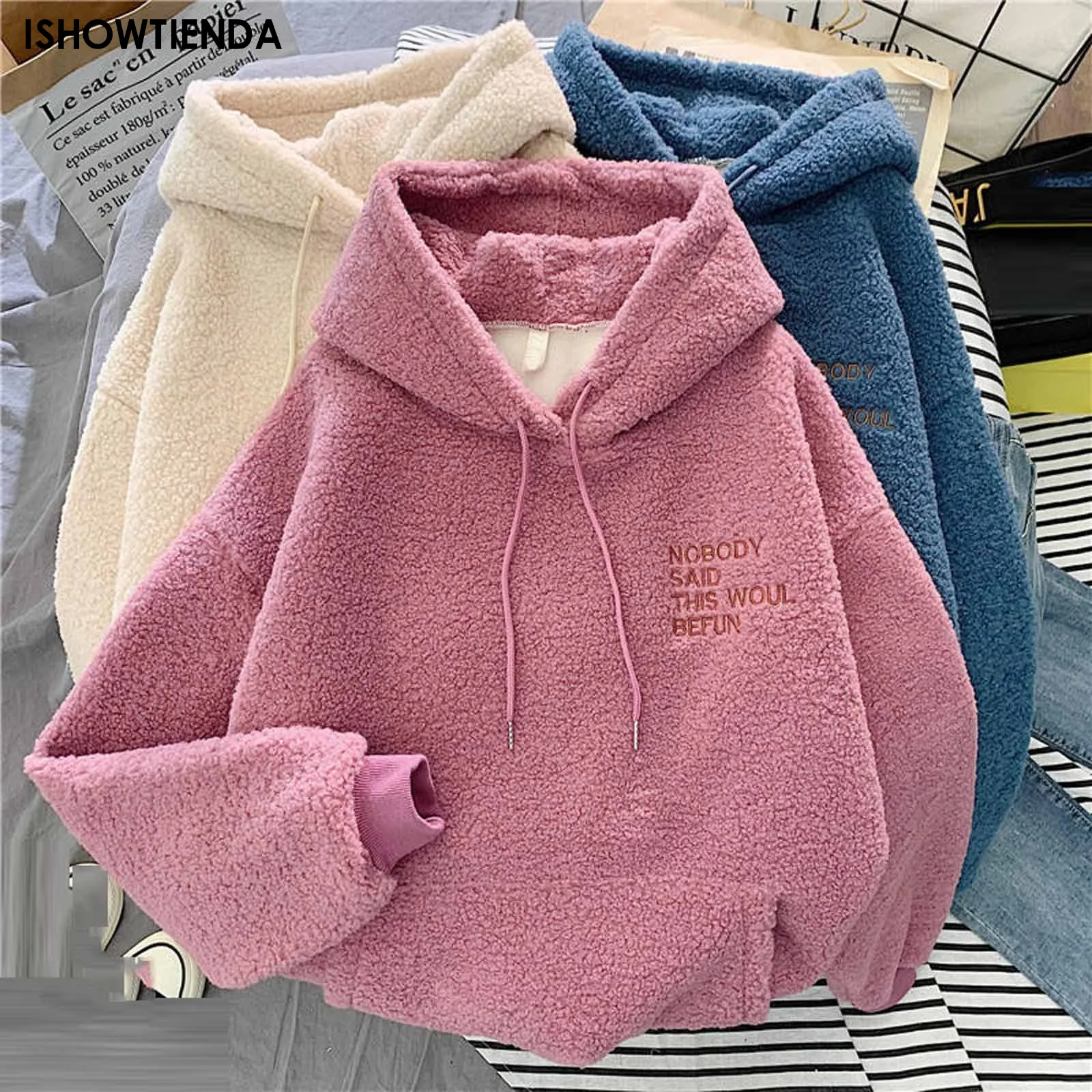

Fluffy Hoodie Top Women Casual Hooded Pullovers V Neck Fleece sweatshirt Loose Warm Autumn Winter Pullover Top ropa de mujer