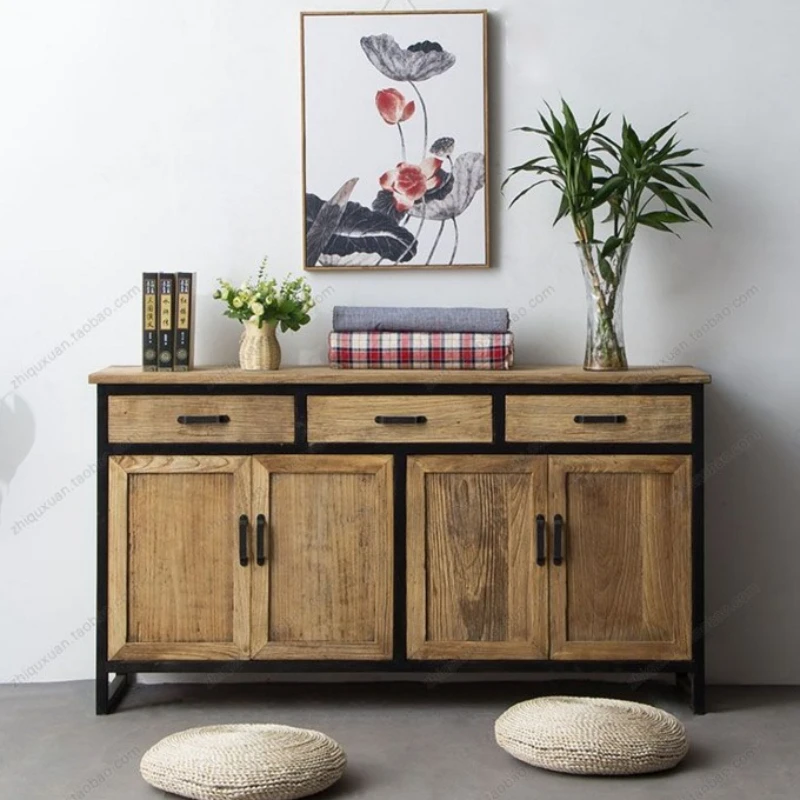 

Solid Wood Office Side Cabinet Distressed Iron Locker Simple Chest of Drawers Industrial Style Retro Sideboard Cabinet