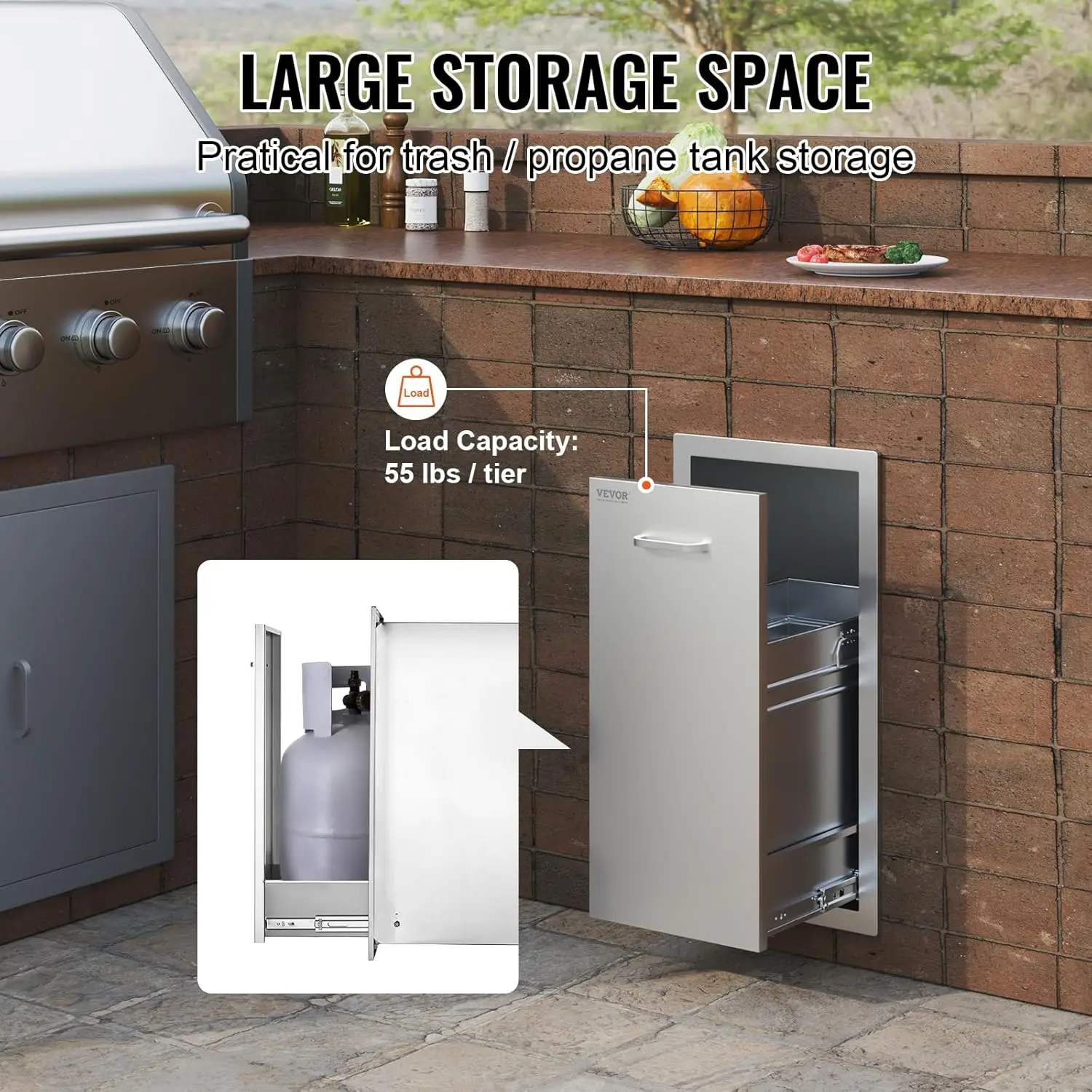 Pull Out Trash Drawer 13.4"W x 25.7"H x 19.6"D Lower Sliding Rails Stainless Steel Roll Out Trash Bin Pull Out Tray Outdoor Kitc 5