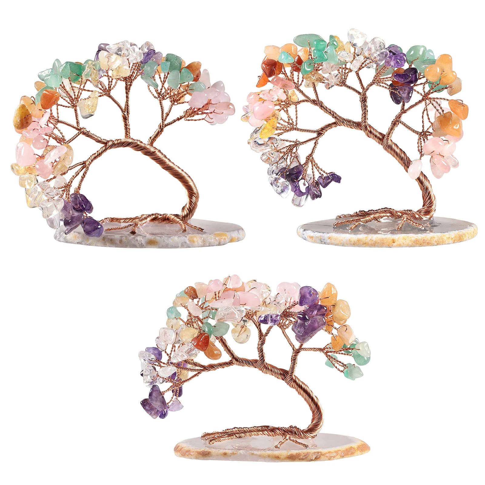 TUMBEELLUWA Natural Quartz Crystal Money Tree Agate Slice Base Reiki Lucky Bent Cypress Tree Room Decor Ornaments DIY Gift