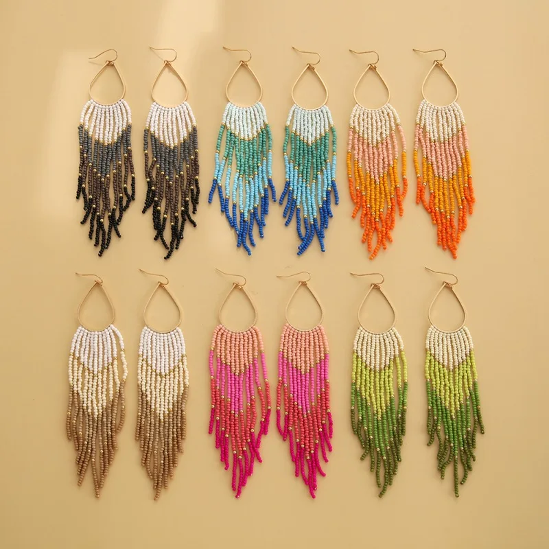 

Женские серьги, цвет радуги, градиент, ручная вязка, богемные модные серьги из сплава