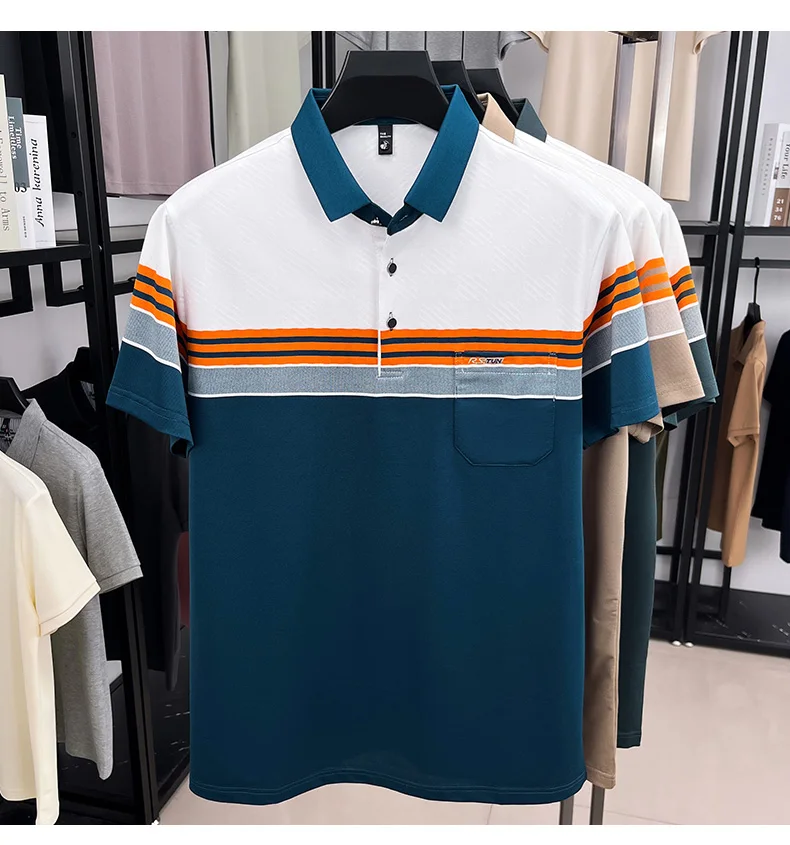 Fashion luxury short sleeve polo shirt summer new brand embroidered pocket trend striped color blocked T-shirt men's clothing 22