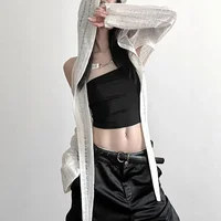 Handmade Short Break Hole Shoulder Hooded Jacket Women Slim Pure Color Versatile Outerwear Summer Thin Model Full Sleeve