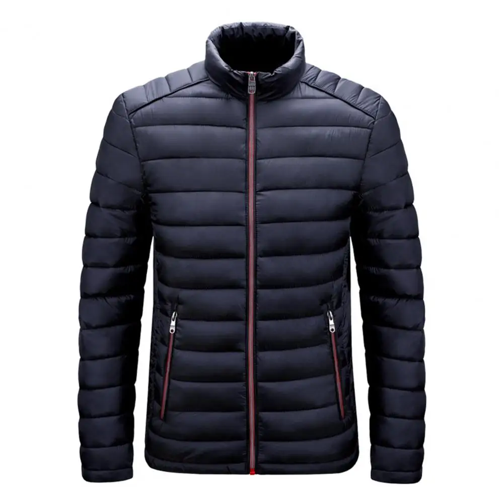 Men Cotton Coat with Zipper Stand Collar Thickened Padded Heat Retention Neck Protection Outdoor Down Jacket