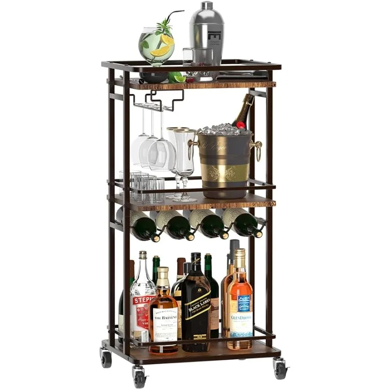 

OKZEST 3 Tier Bar Cart for Home, Rolling Mini Liquor Bar Cabinet with Wine Rack and Glass Holder, Home Bar Serving Cart