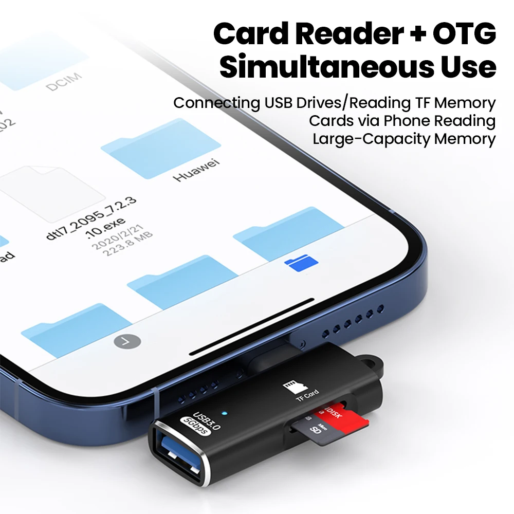 2 in 1 USB C OTG 어댑터 타입-C to USB3.0 데이터 전송 + TF 카드 리더 커넥터 (아이폰 15-17 휴대폰, 태블릿, 노트북용)