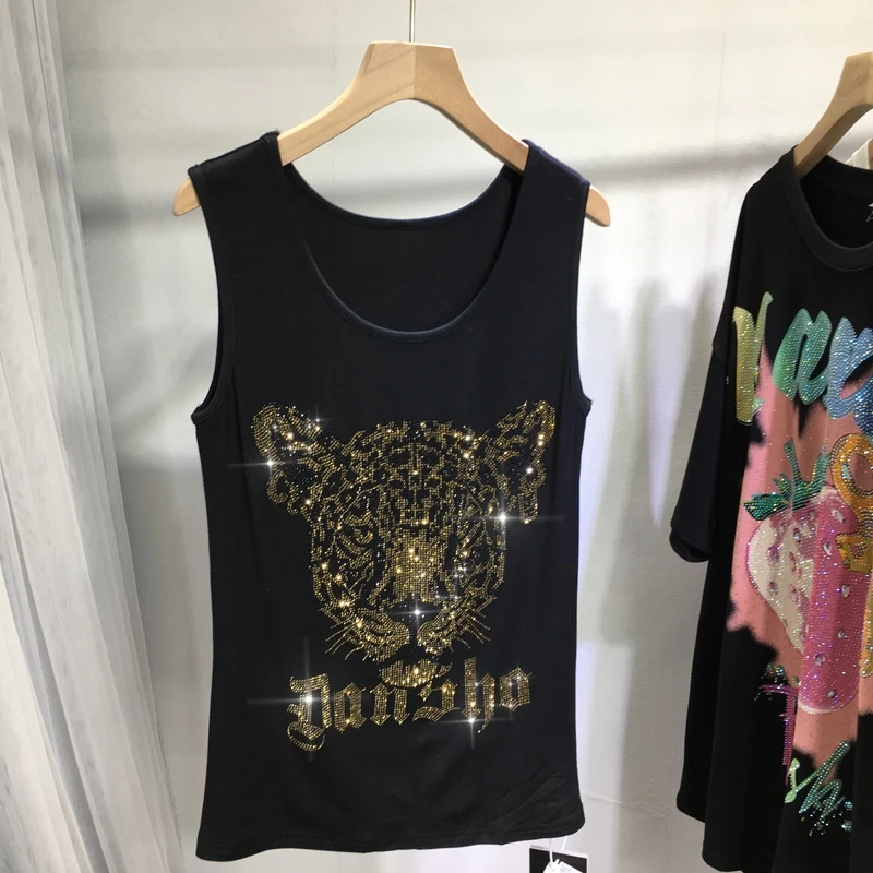 

Domineering Leopard Head Hot Drilling Women Tanks Top All-match Summer Sleeveless T-shirt Streetwear Slim Basic Camisole Black