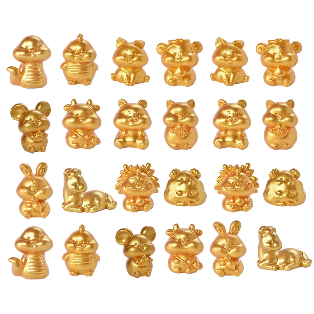 

Golden Chinese Zodiac Animal Figurines Miniature Mascot Animal Sculpture Collectibles Resin Statues Sculptures Chinese Feng
