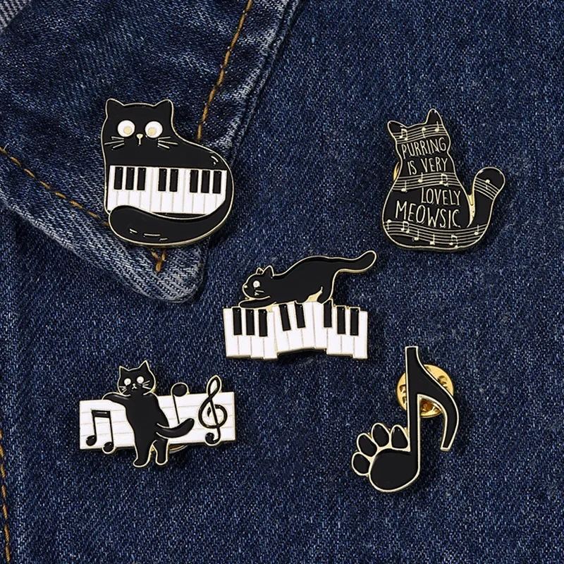 Black And White Keys On The Piano Enamel Pins Cat And Musical Note Brooches Lapel Badges Concert Jewelry Gift For Art Friends