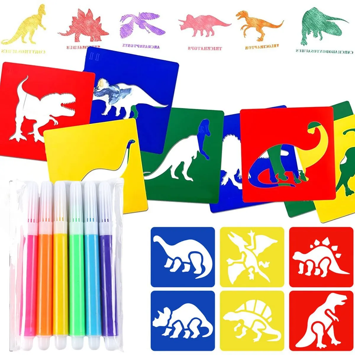 6Pcs 미니 마커가있는 6Pcs 공룡 그림 스텐실 세척 가능한 플라스틱 템플릿 세트 교실 ZSY 용 DIY 아트 공예