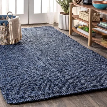 NRF102D-9 Pata Hand Woven Chunky Jute Area Rug, Bohemian, Rustic, Cottage for Bedroom, Kitchen, Living Room, Easy-Cleaning, Navy