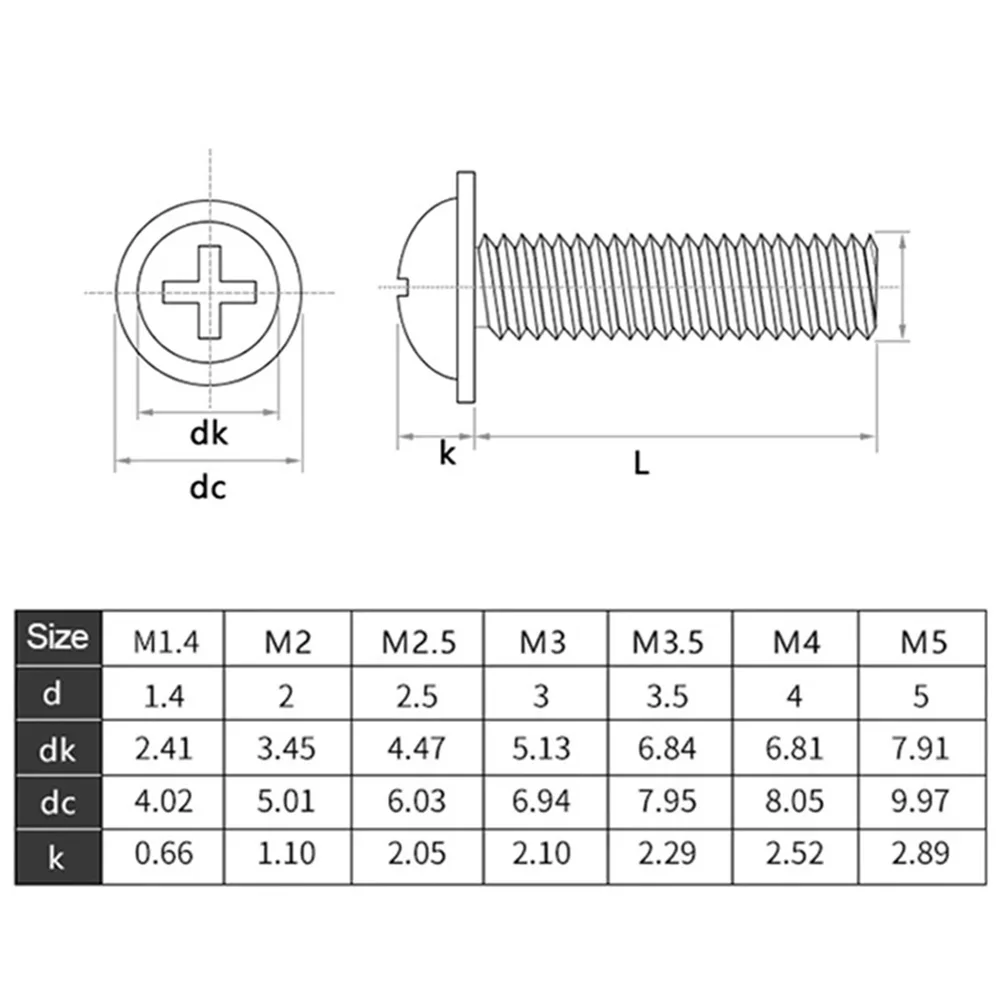 100/50/20/10 Stück schwarzer Kohlenstoffstahl PWM M1,4 M2 M2,5 M3 M3,5 M4 M5 Kreuz Phillips Pan Rundkopf mit Unterlegscheibe Kragen Schraube Bolzen – Detail 7
