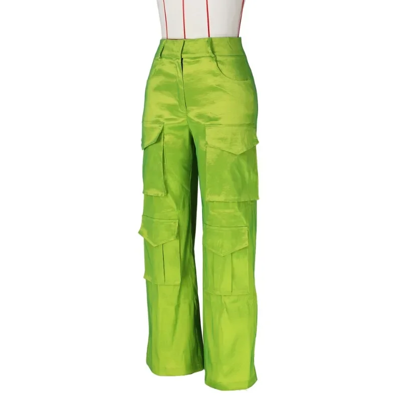 Silky Satin Multi Pockets Cargo Pants Women High Waist Button Fly Casual  Straight Trousers All Match Streetwear Bottoms